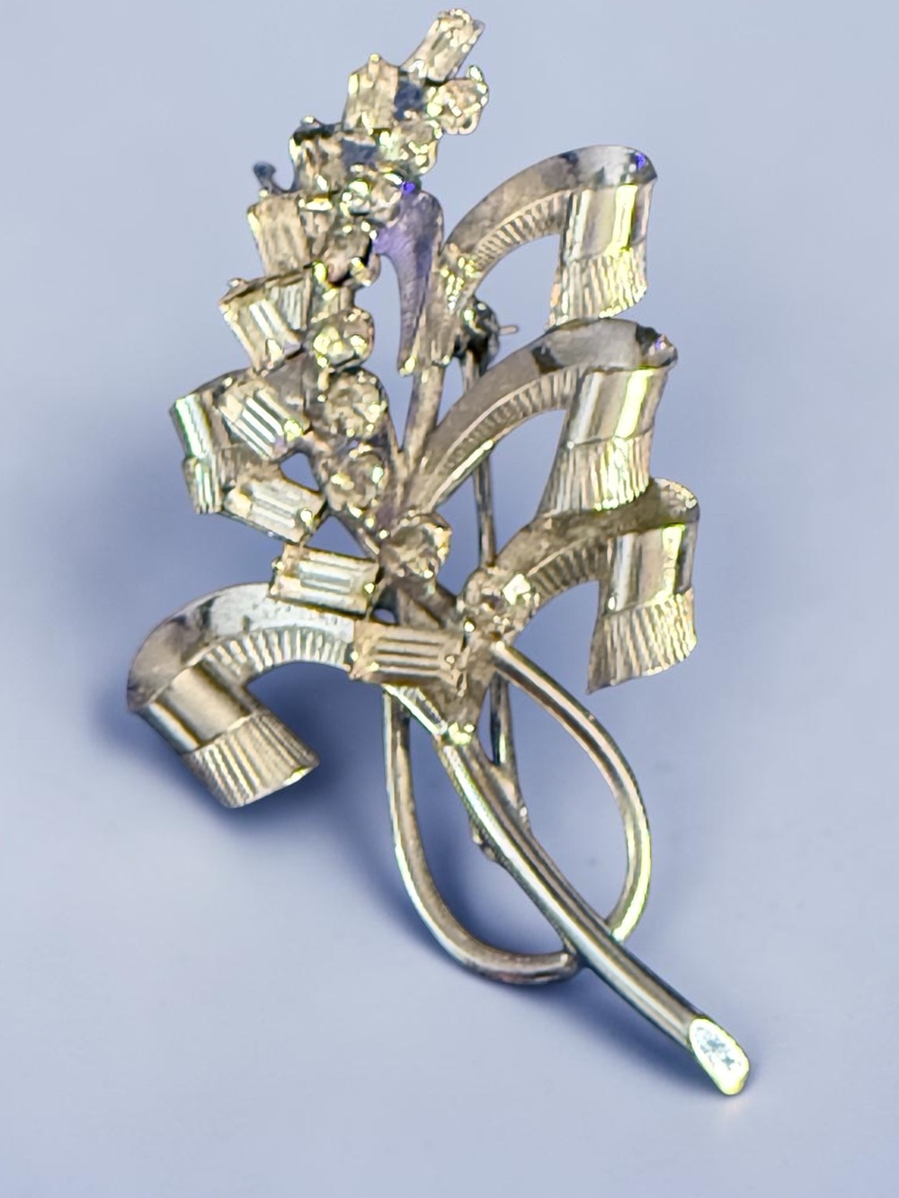 Vintage Carl-Art Sterling Silver Ribbon Rhinestone Brooch Pin Signed CA